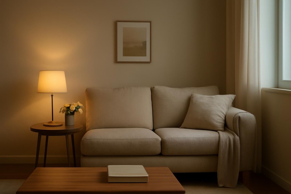 A neat living room with soft lighting and a small plant on a side table