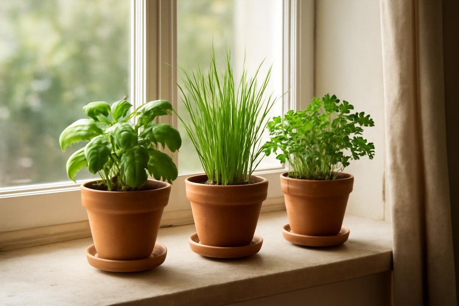 Three small pots of basil, chives, and parsley on a sunny windowsill