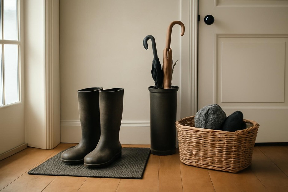 A small entryway with boots drying on a mat, umbrellas in a stand, and a basket for hats and gloves