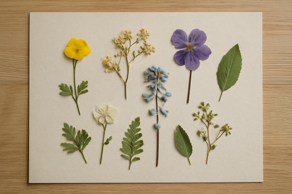 Pressed wildflowers arranged on plain paper for display