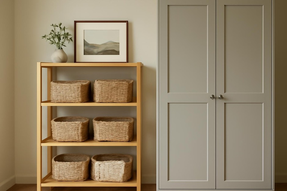 Open wooden shelf with neatly arranged baskets next to a closed cabinet